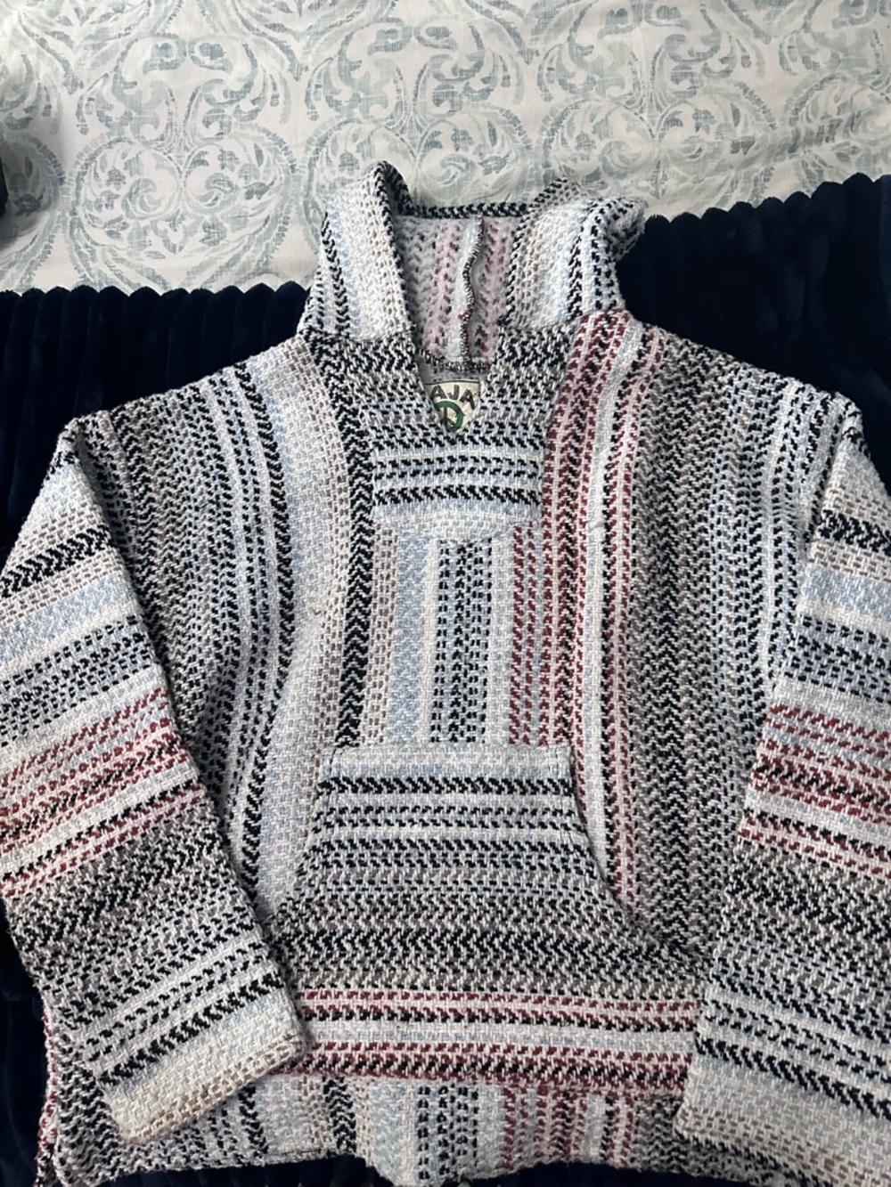 Handwoven Baja Hoodie - Cream, Black & Red Stripes